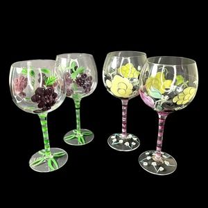 VTG Wine Goblets Hand Painted 8" Stemmed Mult-color Flower/Grape Clusters Set/4